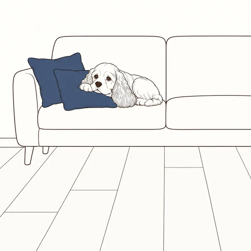 ソファの端の紺のクッションに、エルりんがあごをのせてくつろいでいる絵