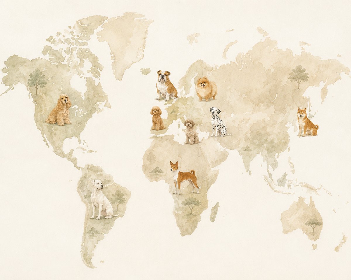 世界地図の上に、柴犬・コッカー・トイプードル・ダルメシアン・ポメラニアン・ブルドッグ・バセンジーなどが原産国に並んだ水彩イラスト