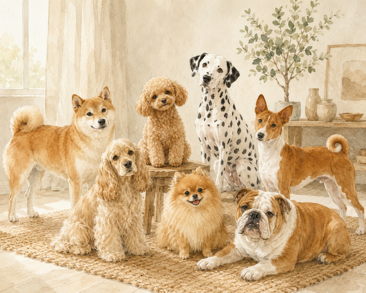 柴犬・アメリカンコッカースパニエル・トイプードル・ダルメシアン・ポメラニアン・ブルドッグ・バセンジーが北欧の部屋に集まった水彩イラスト