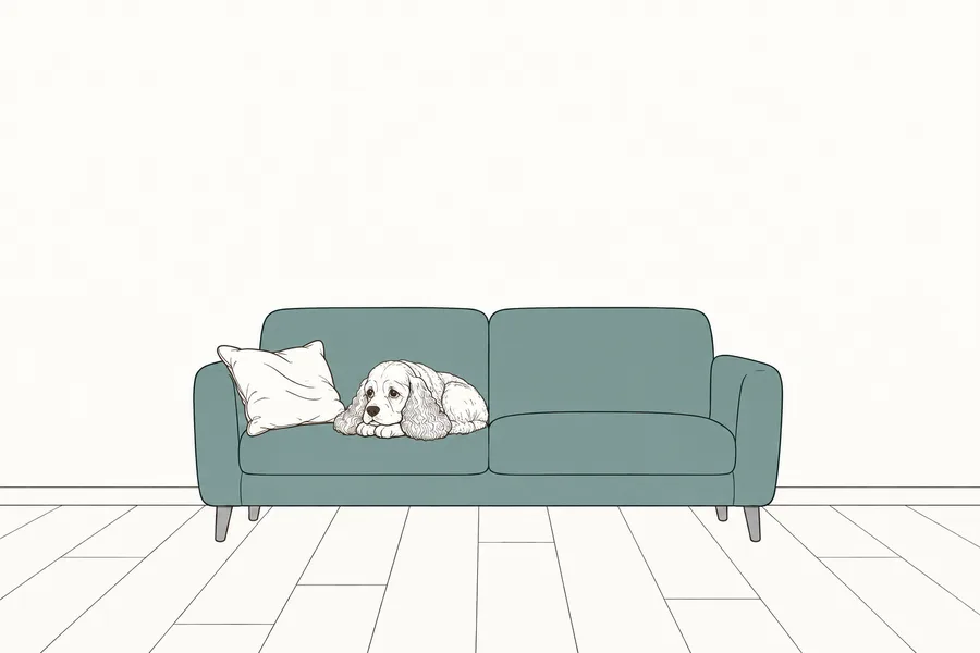 ソファの端のクッションのそばで、エルりんが腹ばいになっている絵