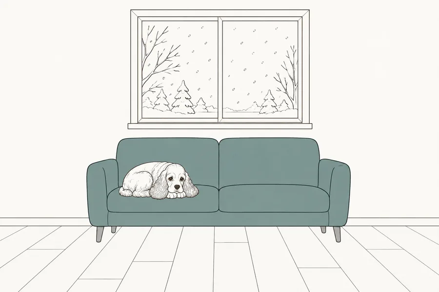 雪の降る窓の前のソファで、エルりんが小さく丸くなっている絵