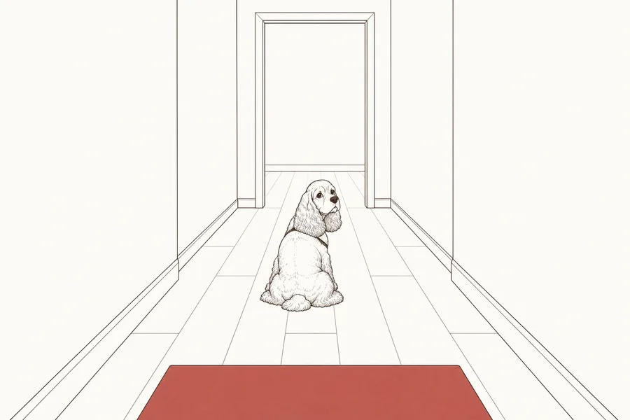 玄関から廊下の先の部屋の入口まで見えていて、エルりんが座って振り返っている絵