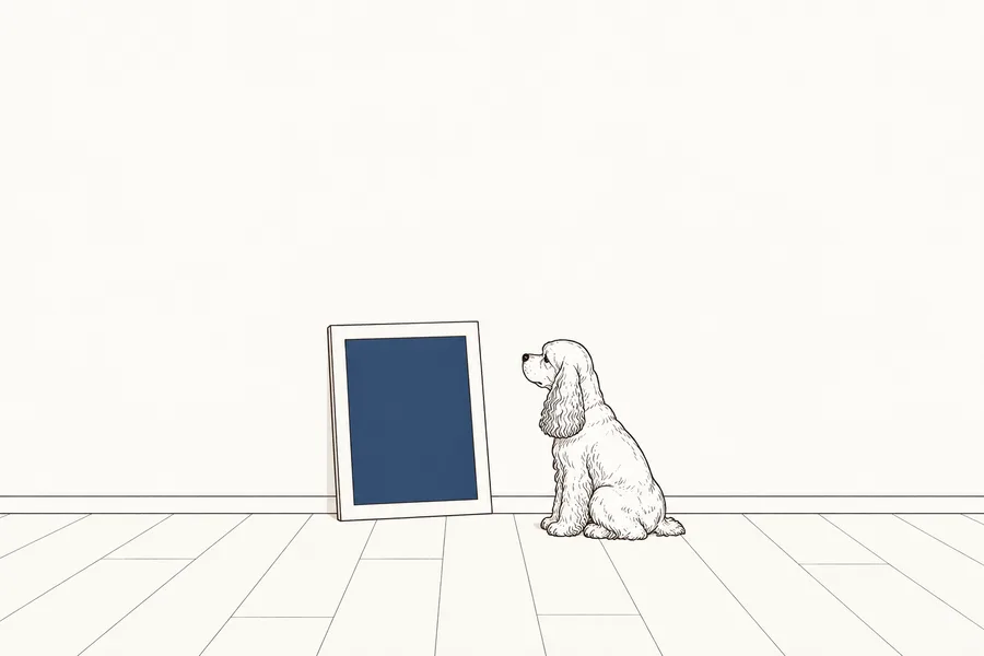 壁に立てかけたままの額を、エルりんが見ている絵