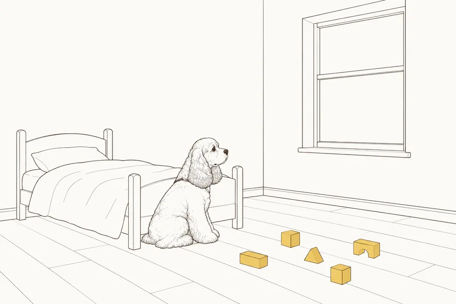 白っぽい子ども部屋で、エルりんが部屋を見まわしている絵