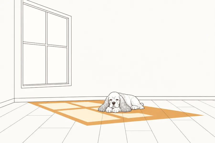 カーテンのない窓から西日が差して、床の日だまりでエルりんがまぶしそうに伏せている絵