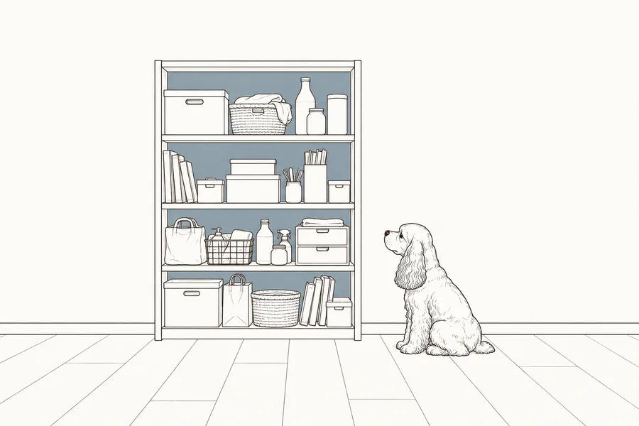 中が丸見えの棚を、エルりんが見上げている絵