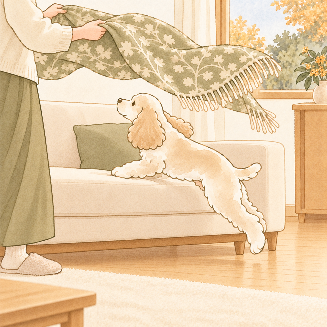 飼い主が毛布を広げると、エルがソファへ飛び乗る