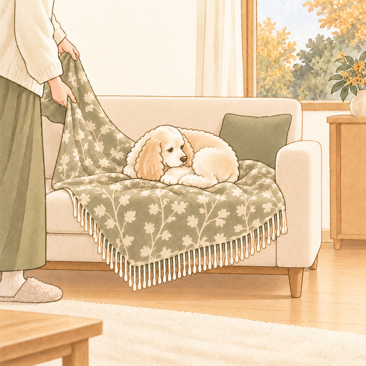 毛布を敷き終わる前に、エルがその真ん中で丸くなってくつろぐ