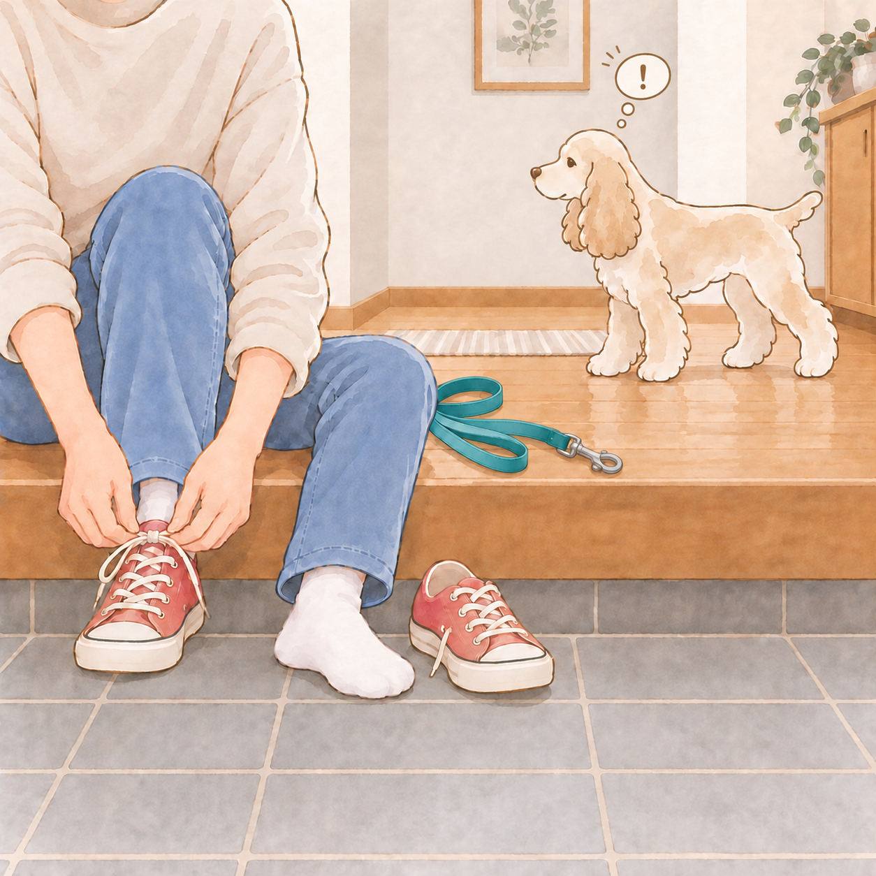 玄関のリードと靴を履く飼い主を見て、お散歩に気づくエル。頭の上に小さな感嘆符が浮かぶ