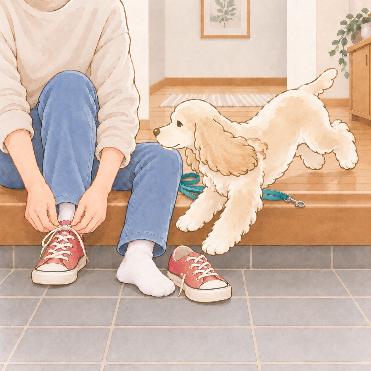お散歩を期待して、エルが耳をなびかせながら玄関へ駆け寄る