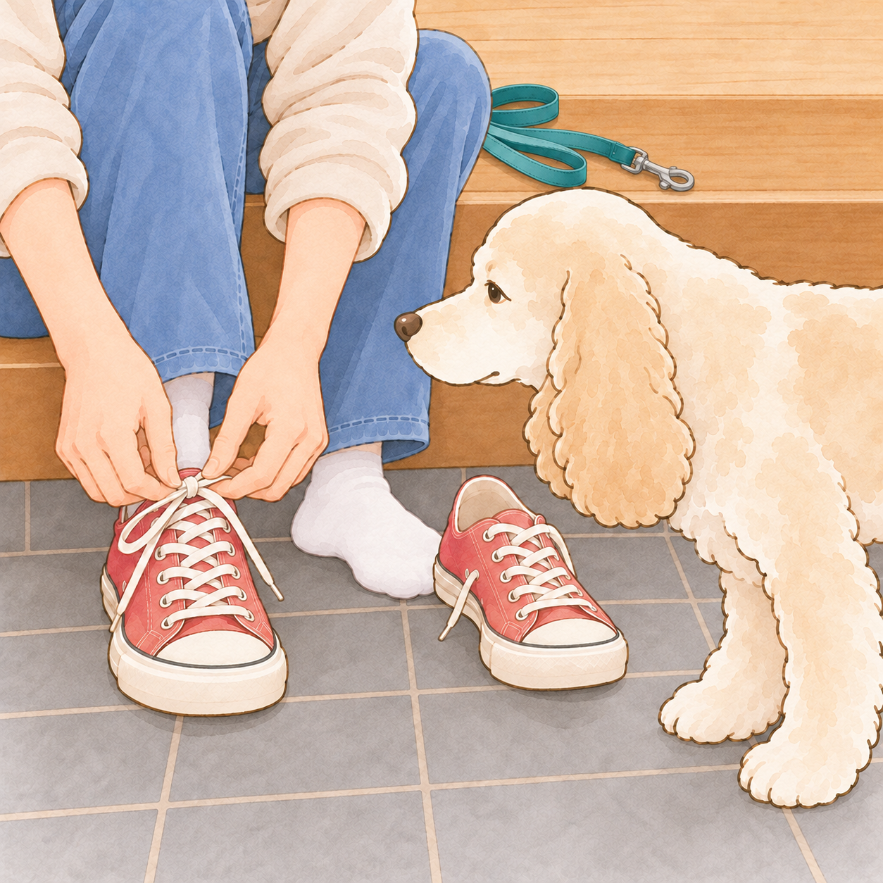 待ちきれないエルが、靴ひもを結ぶ飼い主の手元をのぞき込む
