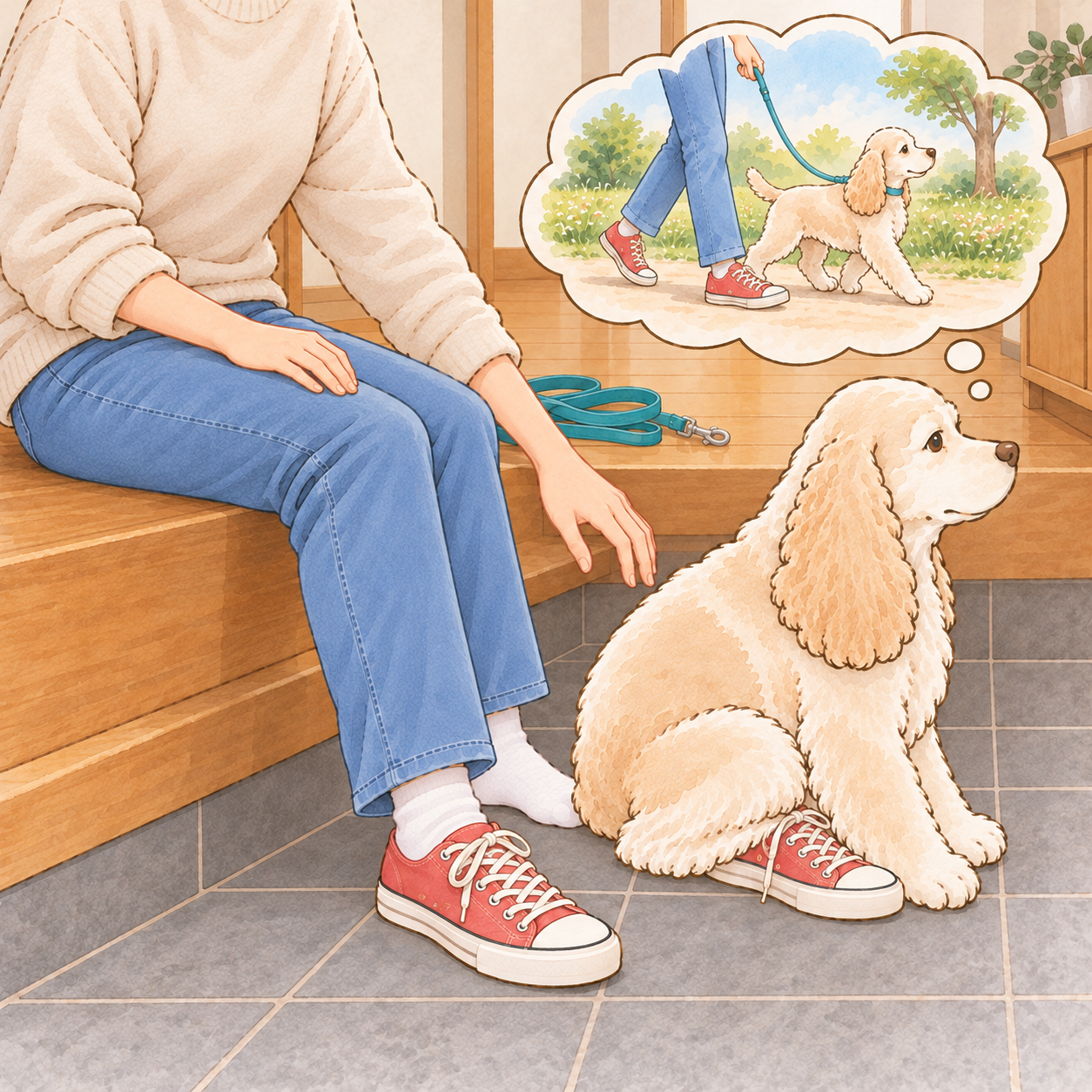 エルは空いている靴に座って出発待ち。頭の中では飼い主とお散歩中だが、飼い主はまだ片足が靴下のまま