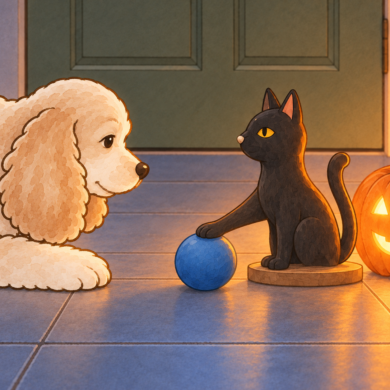 さっきまで動かなかった黒猫の片前足が台座から伸び、青いボールの上にちょこんと乗っている
