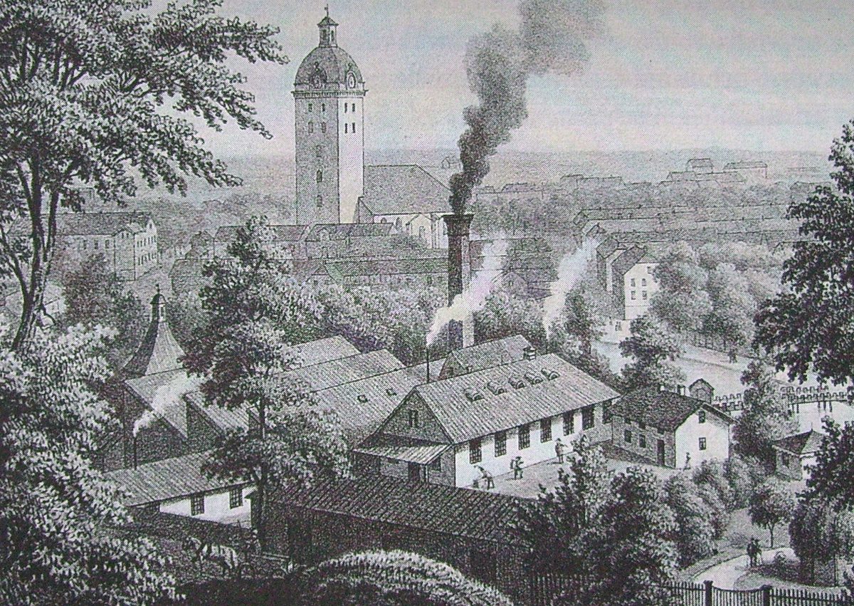 1871年のボロスの織物工場（版画）