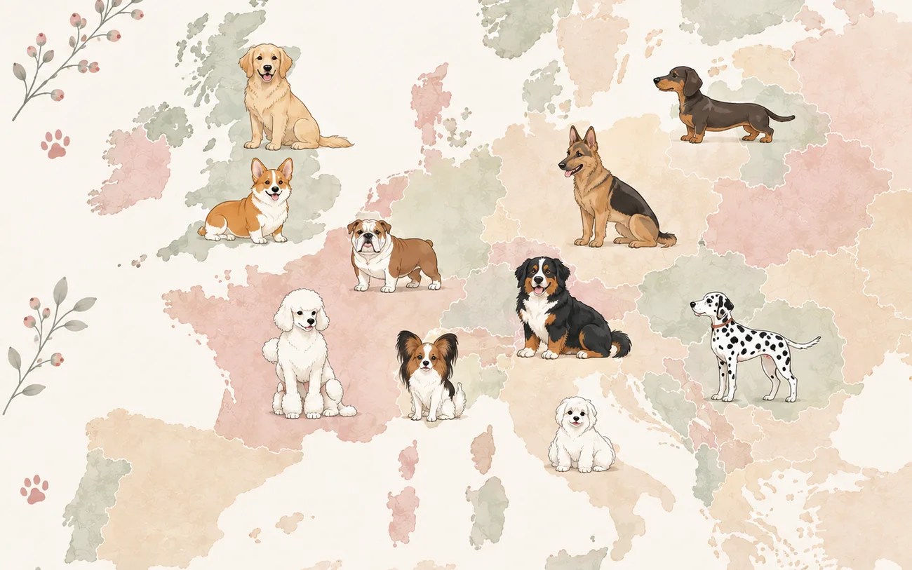犬と、北欧のある暮らし ヨーロッパの犬たちの地図（ゴールデン・コーギー・ブルドッグ・プードル・パピヨン・バーニーズ・ダックスフンド・シェパード・ダルメシアン・マルチーズ）