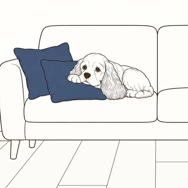 ソファの紺のクッションに、犬があごをのせてくつろいでいる線画
