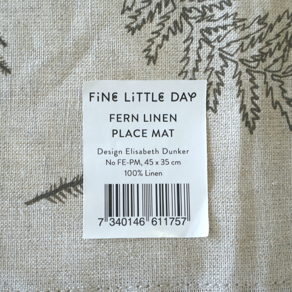 品質表示タグ（FERN LINEN PLACE MAT・100% Linen・45×35cm）
