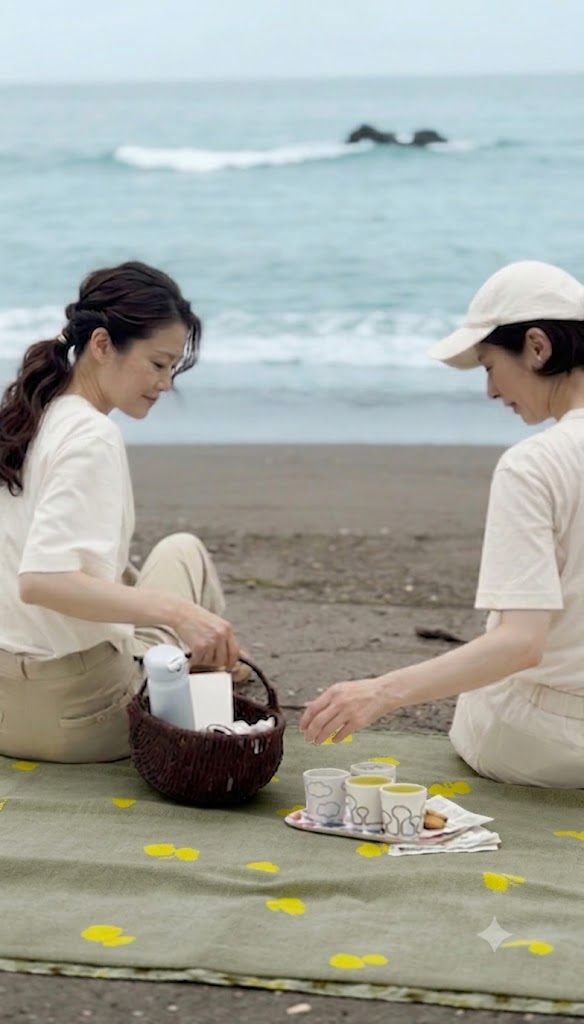 海辺の砂の上にKLIPPANのCHOUCHO柄コットンブランケットを敷いて、かごとカップを並べたピクニック