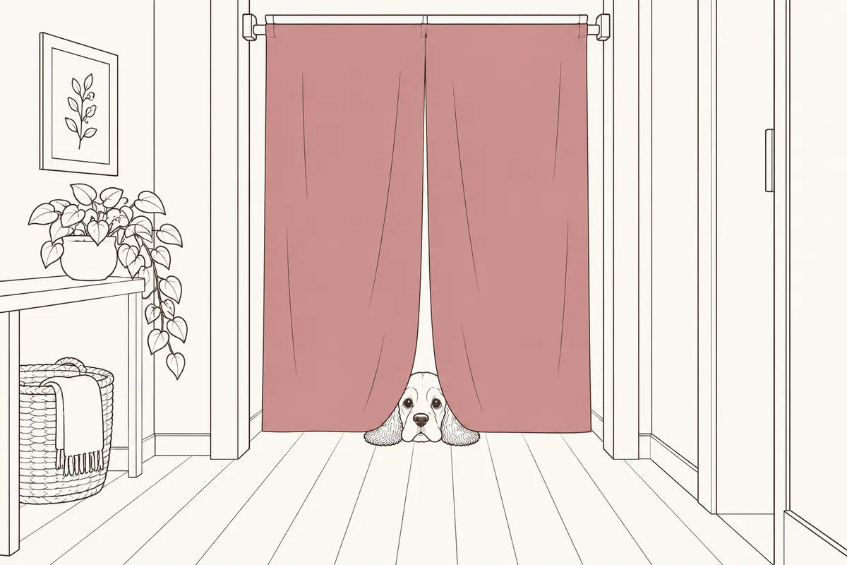 くすんだピンクの長いのれんのすそから、犬が顔だけ出している線画のイラスト