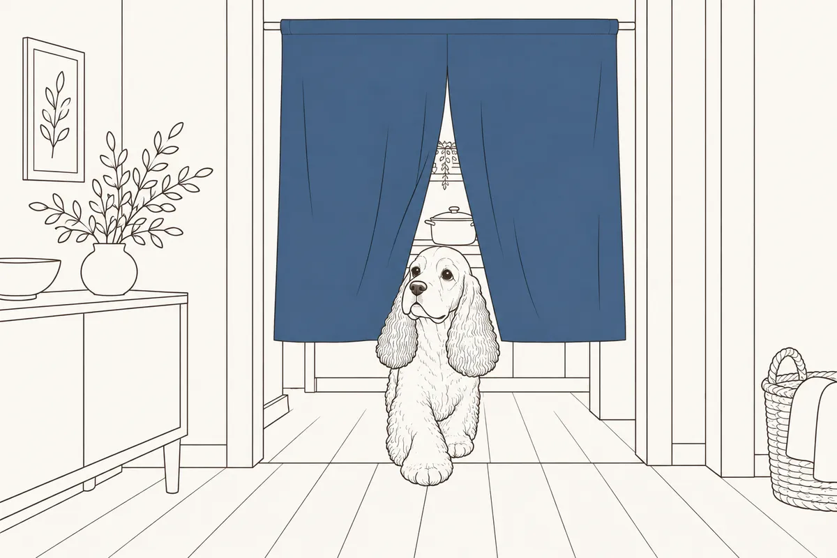 青いのれんの真ん中の切れ目から、犬がくぐり抜けてくる線画のイラスト