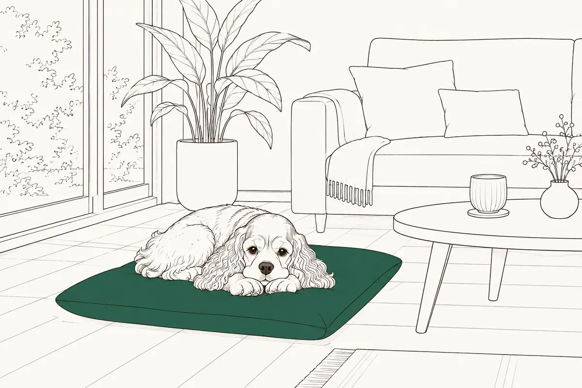 緑のクッションの上で、犬が前足にあごをのせてくつろいでいる線画のイラスト